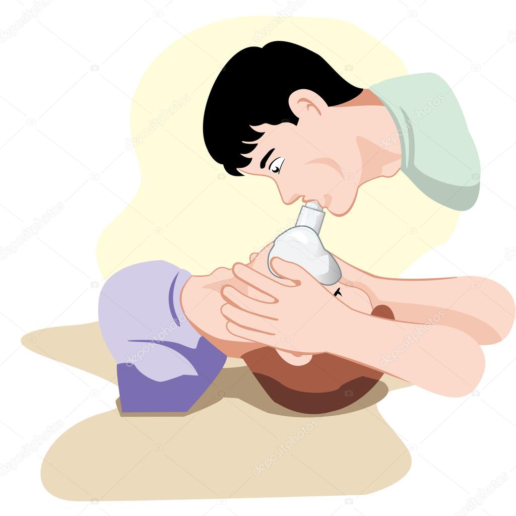 First Aid resuscitation (CPR) Illustration of a person with respiratory arrest being resurrected with the aid of a pocket mask to help with breathing