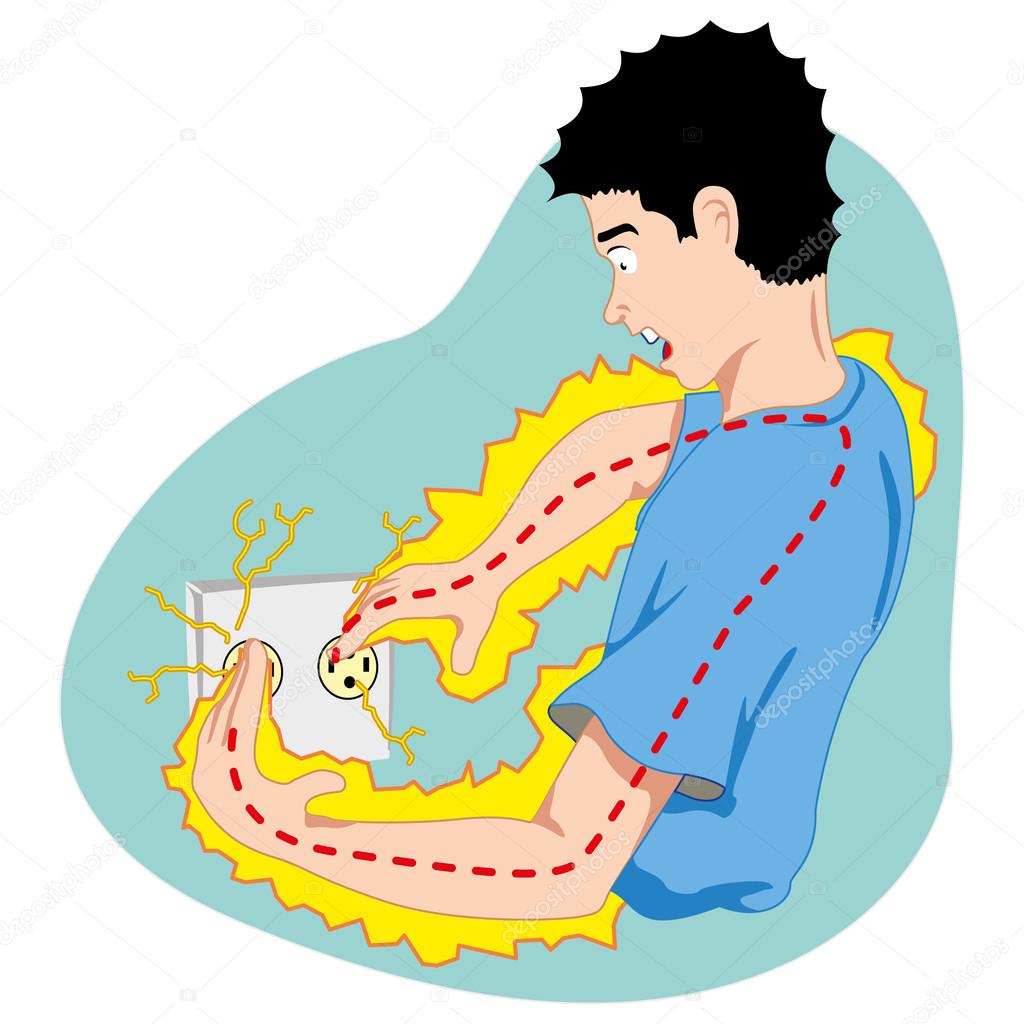 Illustration depicting a boy getting an electric discharge in an electrical socket