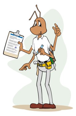 Kalem ve Pano ile illüstrasyon maskot karınca. Kataloglar, bilgilendirici ve kurumsal malzeme için idealdir