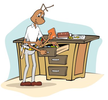 Karınca maskot illüstrasyon temizlik ekipmanları office bezle. Kataloglar, bilgilendirici ve kurumsal malzeme için idealdir