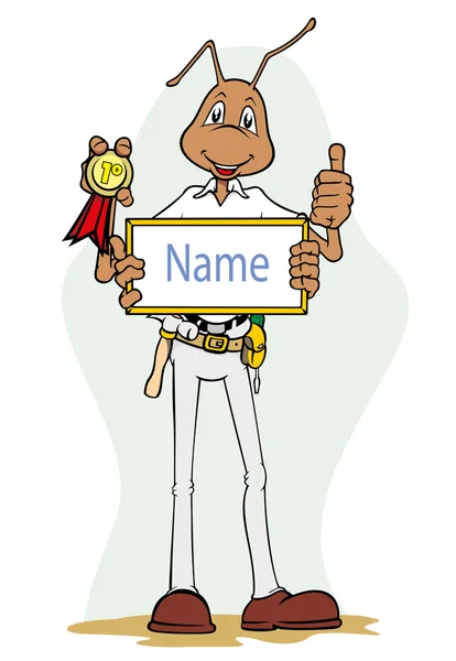Formiga mascote ilustração segurando quadro com nome e medalha. Ideal para catálogos, material informativo e institucional —  Vetores de Stock