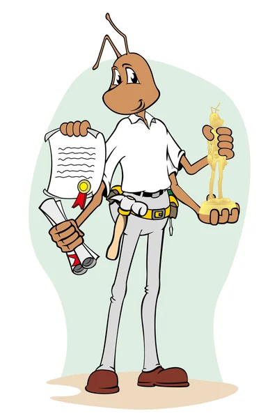Ilustrace maskot mravence drží ceny pohár a diplom. Ideální pro katalogy, informativní a institucionální materiál — Stockový vektor