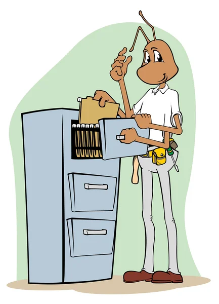 Mrówka maskotka ilustracja organizowanie plików i folderów office. Idealny do katalogów, materiałów informacyjnych i instytucjonalnych — Wektor stockowy