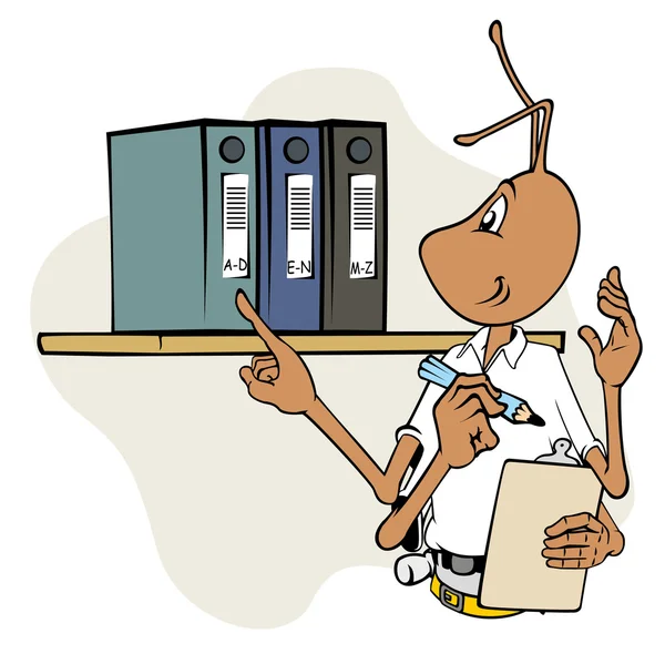 Illustratie mascotte mier met Klembord en inspectie van bestanden. Ideaal voor catalogi, informatieve en institutionele materiaal — Stockvector