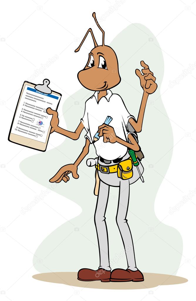 Illustration mascot ant with pencil and clipboard. Ideal for catalogs, informative and institutional material
