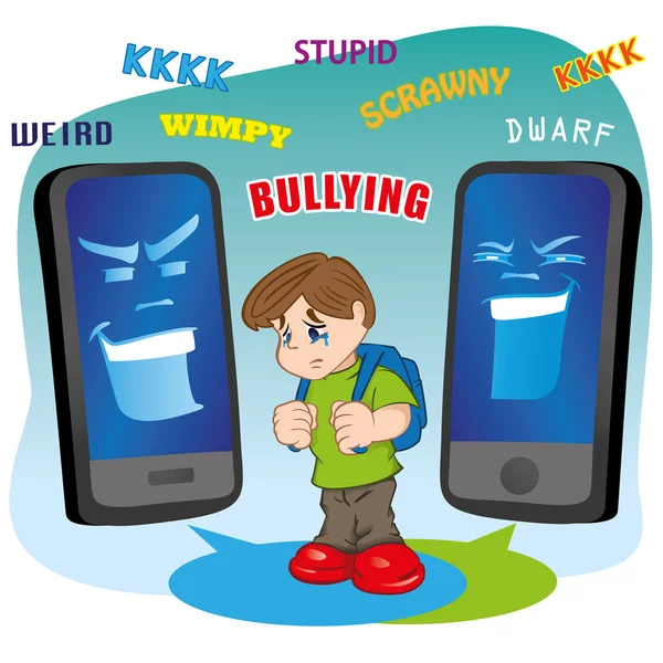Ilustração de uma criança vítima de bullying virtual por telefone celular. Ideal para catálogos, material informativo e institucional — Vetor de Stock