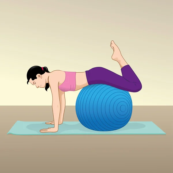 Kvinnan gör övningar och sjukgymnastik gym med pilates boll material. Perfekt för kataloger och undervisningsmaterial och institutionella — Stock vektor