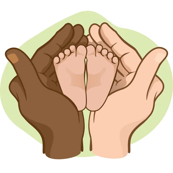 Ilustración de manos sosteniendo pies de bebé, interracial. Ideal para catálogos, material informativo e institucional — Vector de stock