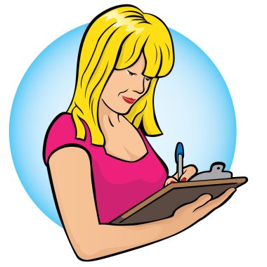 Sarışın kız illüstrasyon bir pano ile kalem üzerinde yazılı. Kataloglar, bilgilendirici ve kurumsal malzeme için idealdir