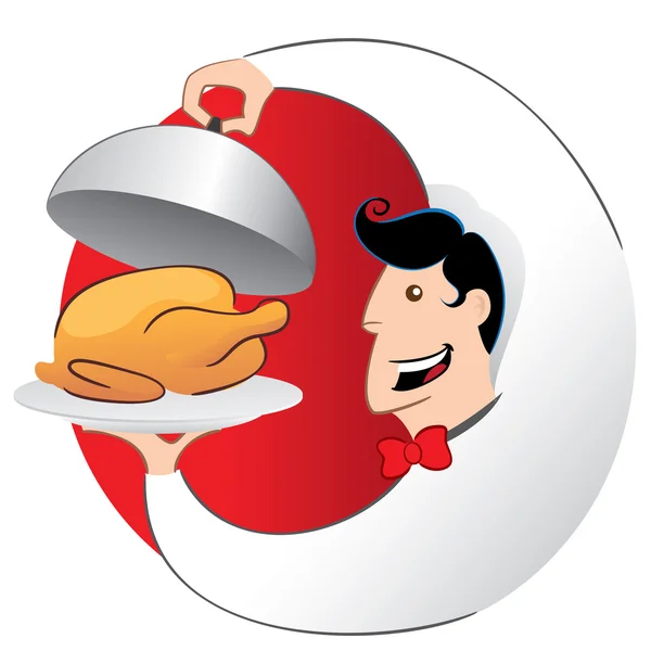 Ilustração de garçom ou cozinheiro que serve frango assado em uma bandeja. Ideal para catálogos, material informativo e institucional —  Vetores de Stock