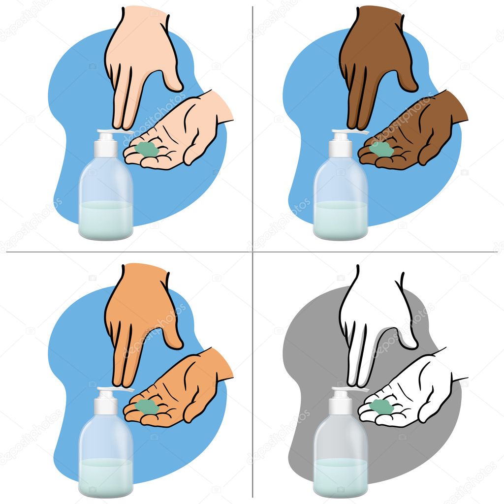 Shaking hands and using liquid soap packing, pump, ethnicities. Ideal for catalogs, newsletters and catalogs packaging