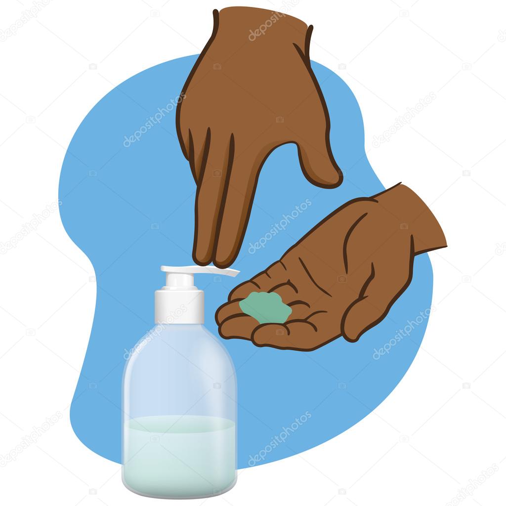 Shaking hands and using liquid soap packing, pump, African descent. Ideal for catalogs, newsletters and catalogs 3D packaging