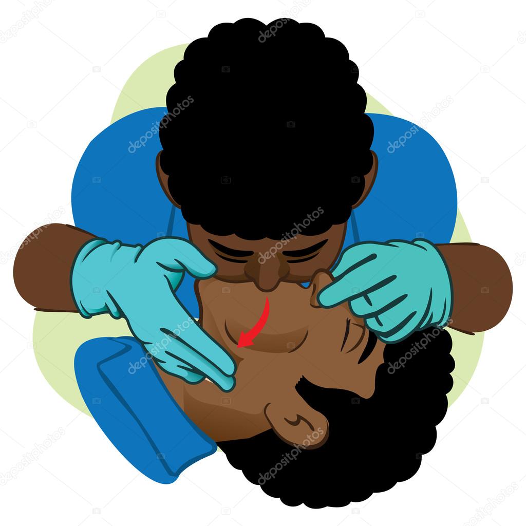 First Aid resuscitation (CPR), mouth-to-mouth resuscitation. African descent with gloves. For resuscitation. Ideal for training materials, catalogs and institutional