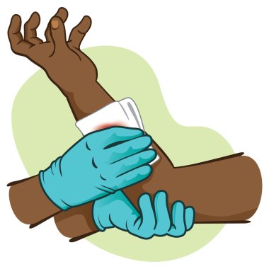 First Aid, bleeding control rising injured member afrodescendant. Ideal for medical supplies, educational and institutional clipart