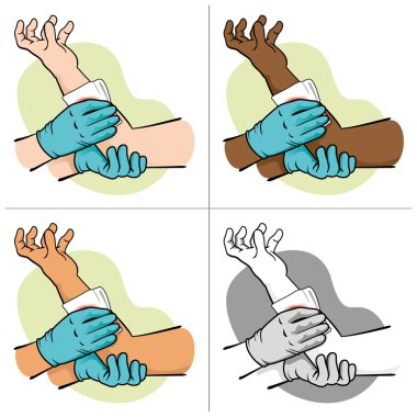 First Aid, bleeding control rising injured member ethnic. Ideal for medical supplies, educational and institutional clipart