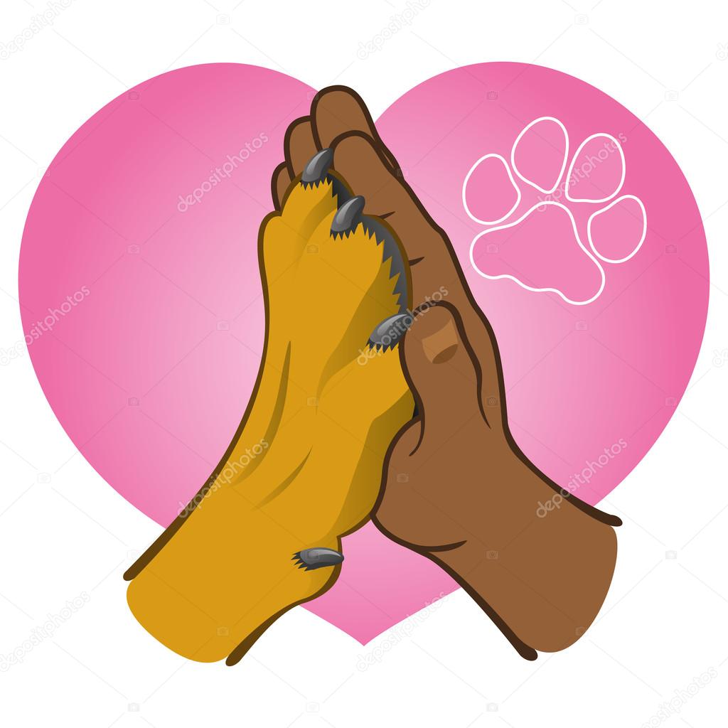 Illustration human hand holding a paw, heart, African descent. Ideal for catalogs, informative and veterinary institutional material