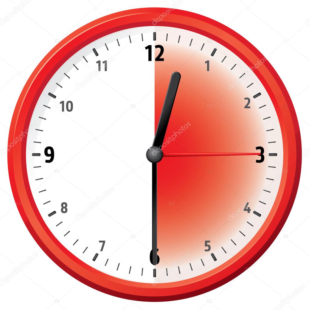 Illustration of a clock at thirty minutes, half an hour. Can be used in ads and institutional