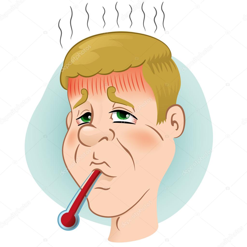 Illustration is a person sick with fever with a thermometer in his mouth. Ideal for imformativos health and educational