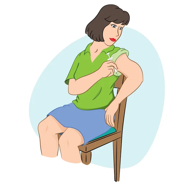 Illustration of a seated person applying injection in arm supported on the seat can be both for the treatment of diabetes or sclerosis — Stock Vector