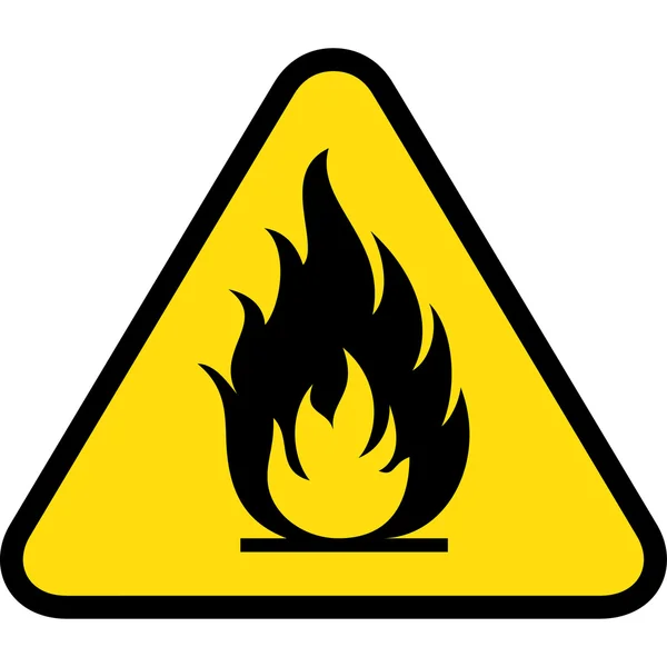 Placa de sinalização triângulo amarelo, queima, fogo, inflamável. Ideal para comunicação visual e materiais institucionais — Vetor de Stock