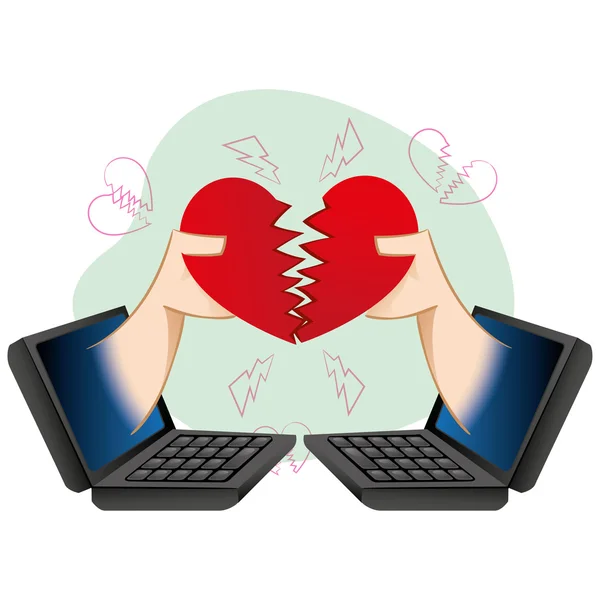 Ilustração de computador e notebook, pessoas em uma separação virtual amorosa. Ideal para catálogos, guias informativos e institucionais — Vetor de Stock