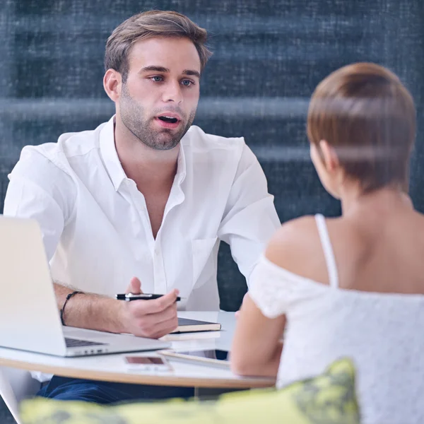 Consultor masculino a mitad de discurso durante la presentación con su cliente femenino Imagen De Stock