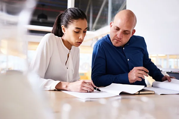 Hembra mostrando inteligente idea a socio de negocios — Foto de Stock