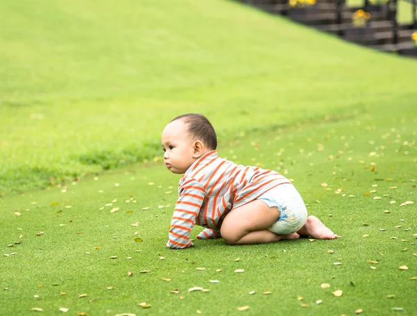 Retrato al aire libre del bebé asiático jugando sentado y arrastrándose —  Fotos de Stock
