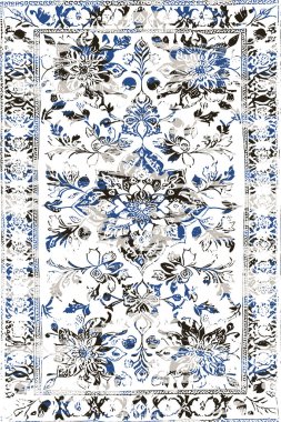 Persian and Folk inspired Original washed-out effect Carpet design and illustration with grunge texture 