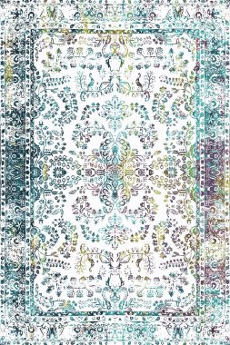 Persian and Folk inspired Original washed-out effect Carpet design and illustration with grunge texture 
