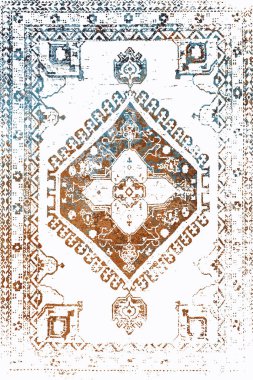 Persian and Folk inspired Original washed-out effect Carpet design and illustration with grunge texture 
