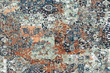 Folk inspired Original washed-out effect Carpet design and illustration with grunge texture 