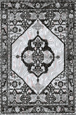 Geometrik Halk Biçimi Orijinal Yıkanmış Halı Tasarımı ve grunge desenli illüstrasyon 