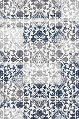 Geometrik Halk Biçimi Orijinal Yıkanmış Halı Tasarımı ve grunge desenli illüstrasyon 