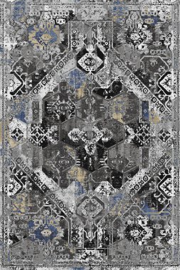 Geometrik Halk Biçimi Orijinal Yıkanmış Halı Tasarımı ve grunge desenli illüstrasyon 