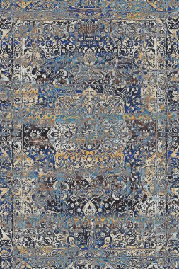 Geometrik Halk Biçimi Orijinal Yıkanmış Halı Tasarımı ve grunge desenli illüstrasyon 