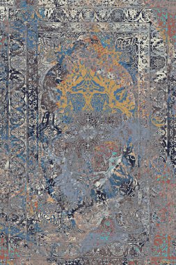 Geometrik Halk Biçimi Orijinal Yıkanmış Halı Tasarımı ve grunge desenli illüstrasyon 