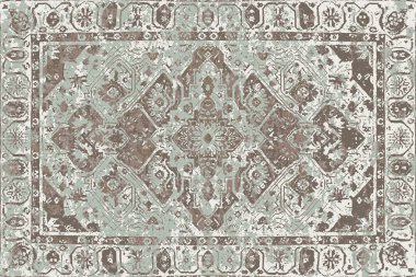 Geometrik Pers halk stili Orijinal yıkanmış halı tasarımı ve grunge desenli illüstrasyon 