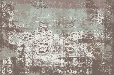 Geometrik Pers halk stili Orijinal yıkanmış halı tasarımı ve grunge desenli illüstrasyon 