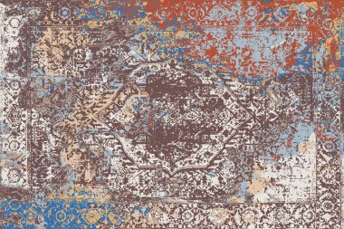 Geometrik Pers halk stili Orijinal yıkanmış halı tasarımı ve grunge desenli illüstrasyon 