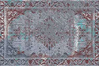 Geometrik Pers halk stili Orijinal yıkanmış halı tasarımı ve grunge desenli illüstrasyon 