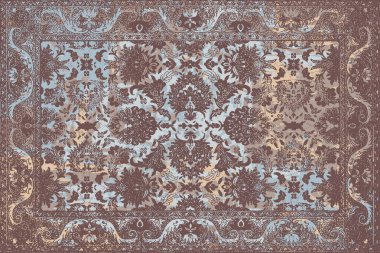 Geometrik Pers halk stili Orijinal yıkanmış halı tasarımı ve grunge desenli illüstrasyon 