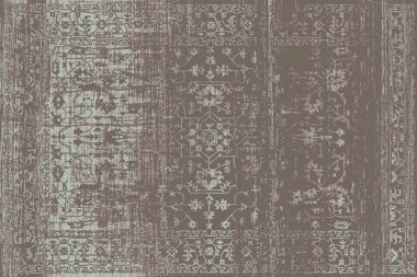 Geometrik Pers halk stili Orijinal yıkanmış halı tasarımı ve grunge desenli illüstrasyon 