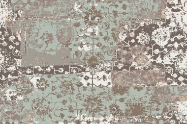 Geometrik Pers halk stili Orijinal yıkanmış halı tasarımı ve grunge desenli illüstrasyon 