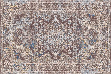 Geometrik Pers halk stili Orijinal yıkanmış halı tasarımı ve grunge desenli illüstrasyon 