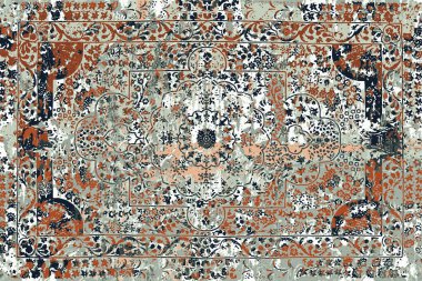 Geometrik Pers halk stili Orijinal yıkanmış halı tasarımı ve grunge desenli illüstrasyon 