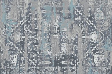 Geometrik Pers halk stili Orijinal yıkanmış halı tasarımı ve grunge desenli illüstrasyon 