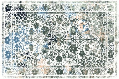 Geometrik Pers halk stili Orijinal yıkanmış halı tasarımı ve grunge desenli illüstrasyon 