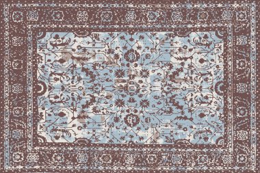 Geometrik Pers halk stili Orijinal yıkanmış halı tasarımı ve grunge desenli illüstrasyon 