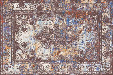 Geometrik Pers halk stili Orijinal yıkanmış halı tasarımı ve grunge desenli illüstrasyon 